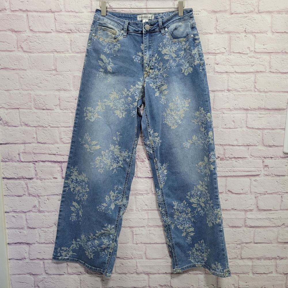 Madden Girl Blue Faded Floral Wide Leg Jeans Womens 9 High Rise Retro Coquette